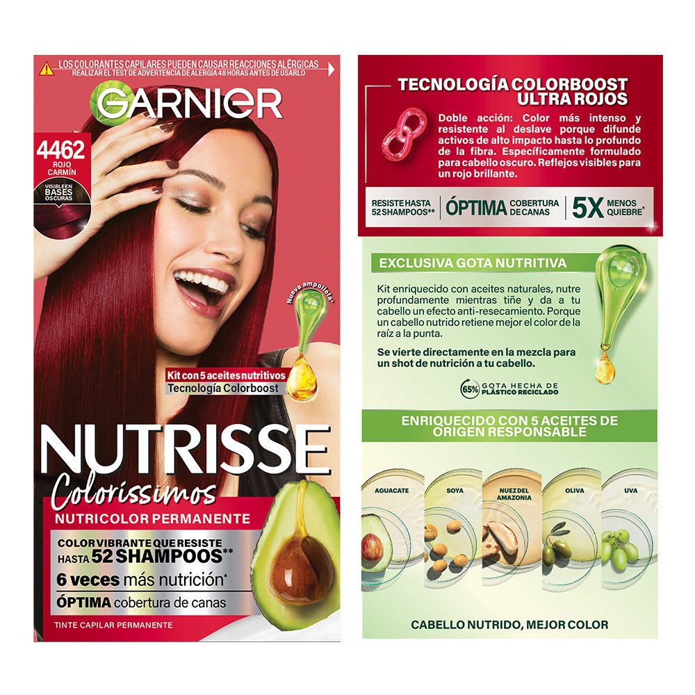 GARNIER NUTRISSE, NUTRISSE, NUTRISSE COLORÍSSIMOS, COLORACIÓN DE CABELLO, TINTE DE CABELLO, COLOR INTENSO, COLORACIÓN, FÓRMULA VEGANA, CRUELTY FREE, TONO 4462, ROJO CARMÍN